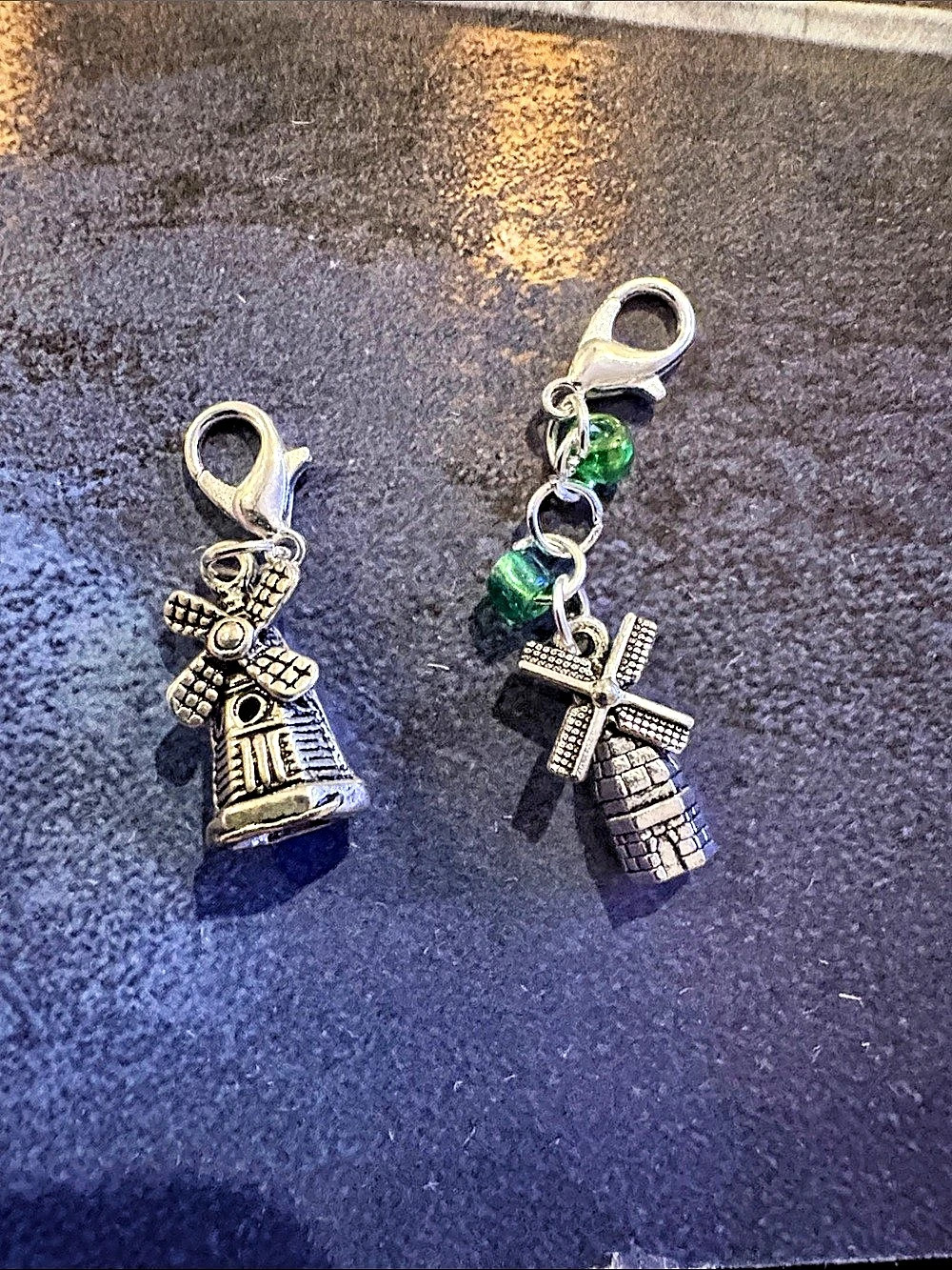 Windmill & Figure Charm Keychain Set - Silver & Green